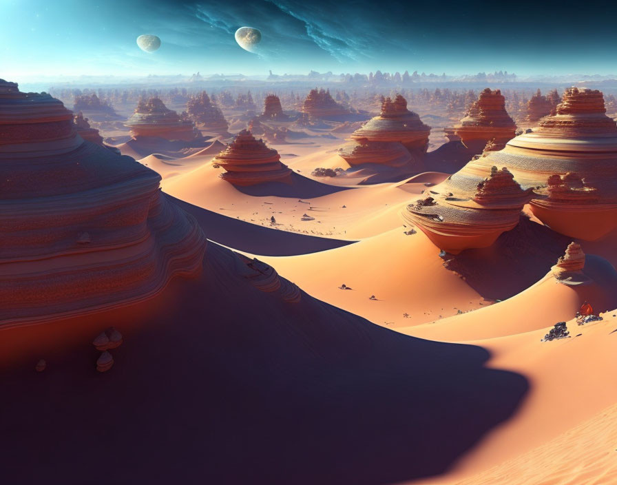 Surreal desert landscape with layered rock formations and large planets