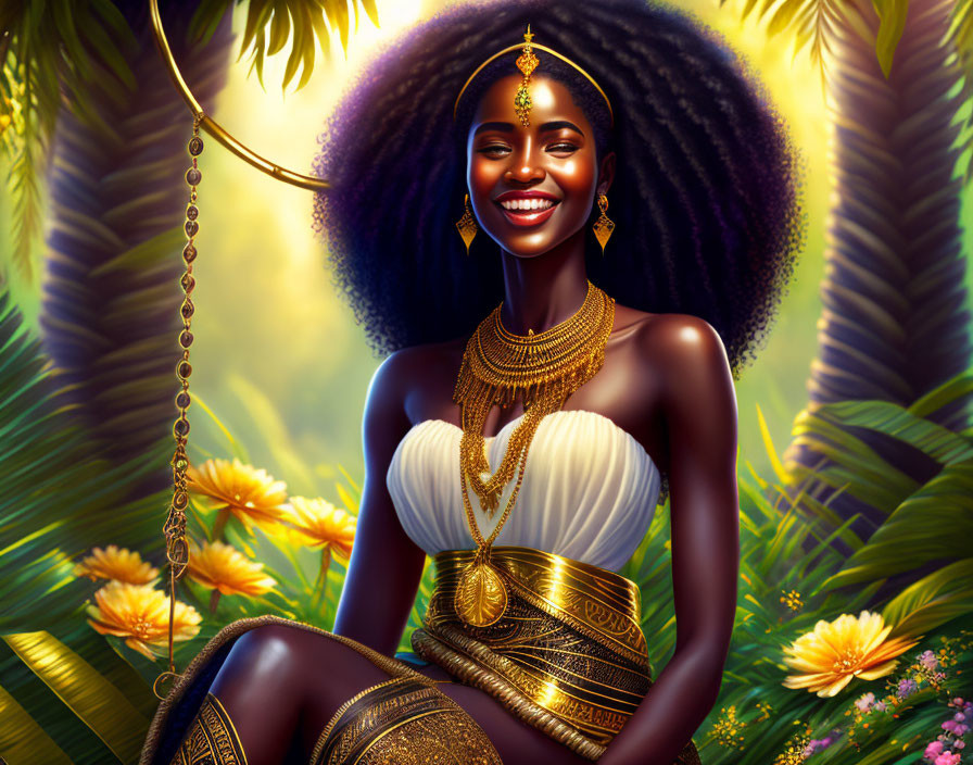 Smiling woman with lush afro and gold jewelry in vibrant tropical setting