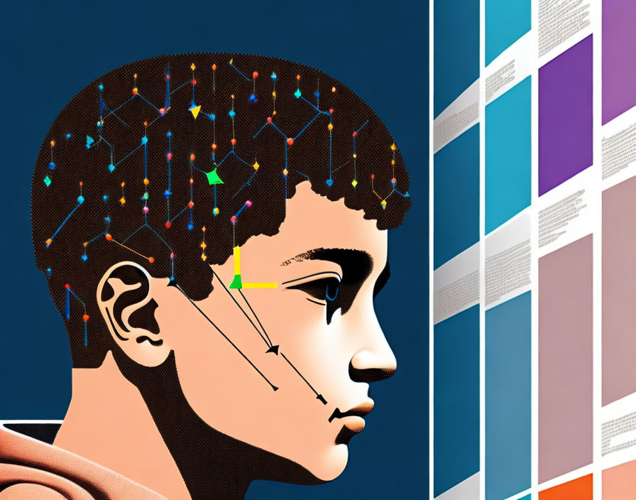 Profile view graphic with brain network overlay and color palette