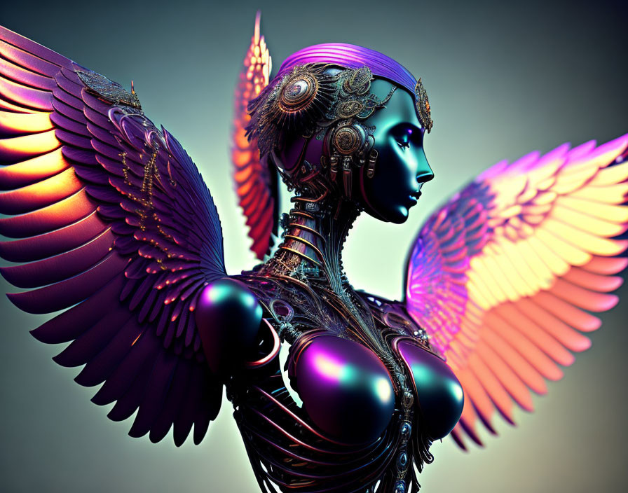 3D illustration of female robot with metallic details and multicolored wings