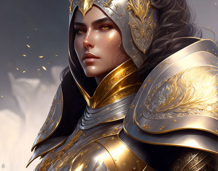 Detailed Illustration of Female Warrior in Ornate Golden Armor