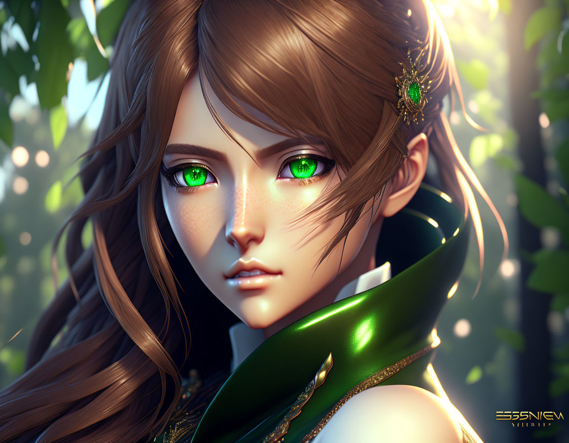 Digital artwork featuring female with green eyes and brown hair in green setting