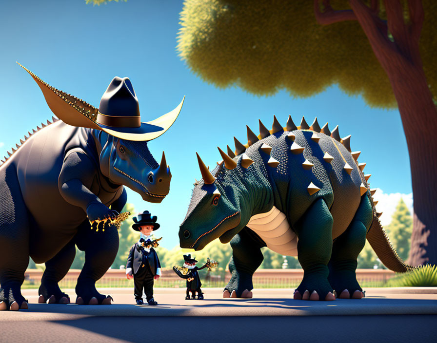 Three cartoon cowboy dinosaurs in park with sheriff's badge