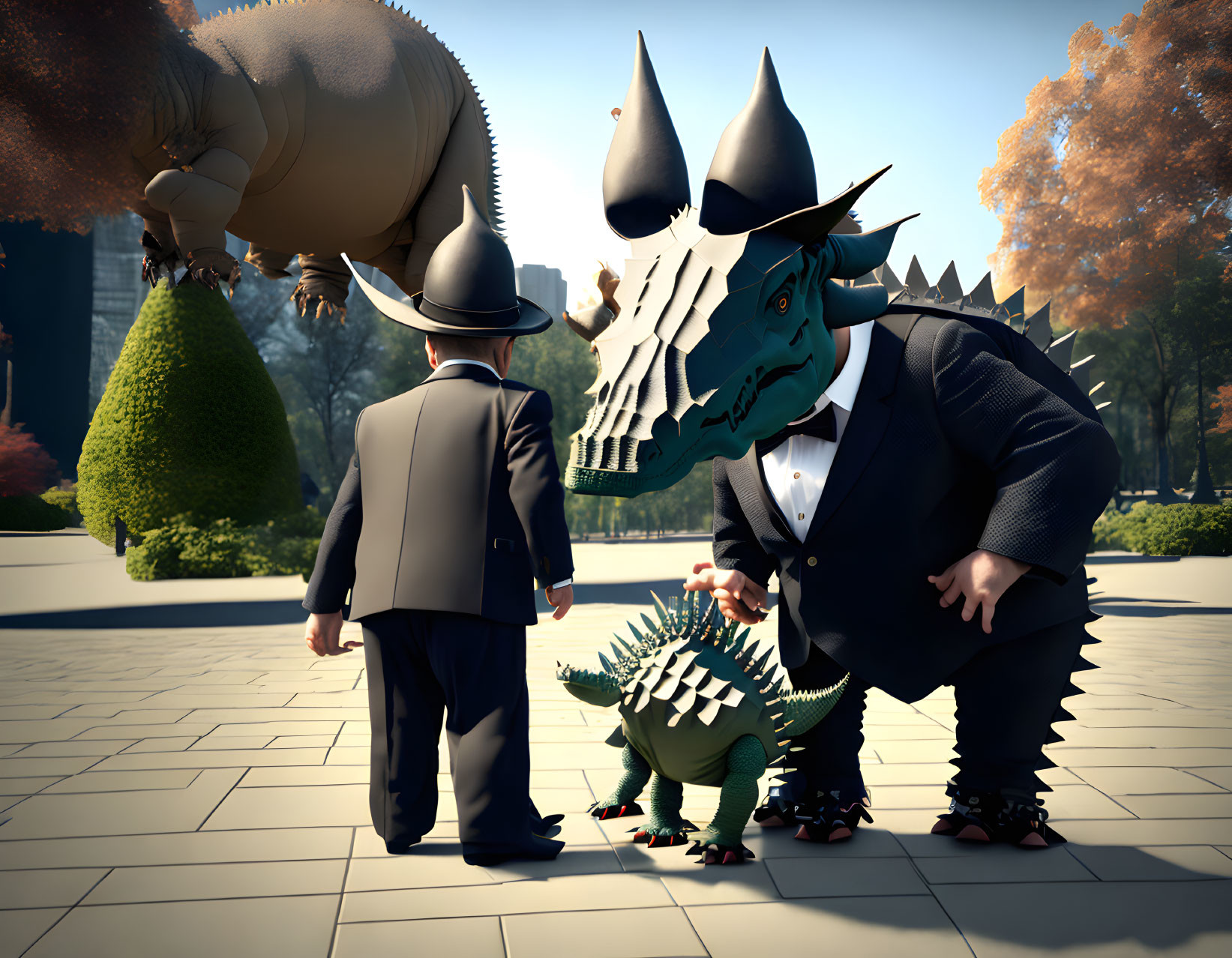 Three dinosaur businessmen in suits and hats on sunny day with trees in background.