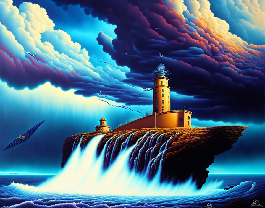 Cliffside lighthouse in stormy skies with waterfalls and boat