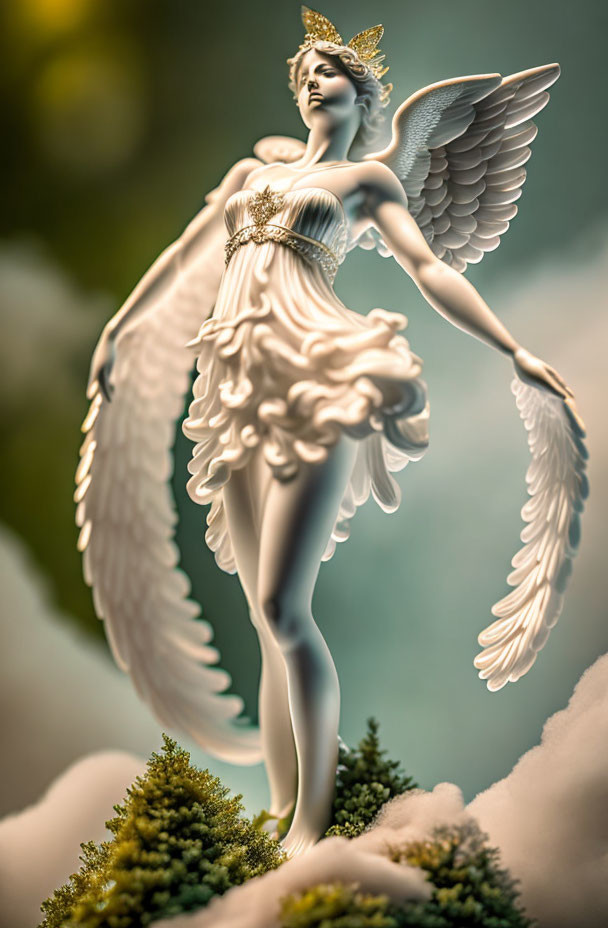 Detailed Angel Statue with Wings and Crown in Heavenly Setting