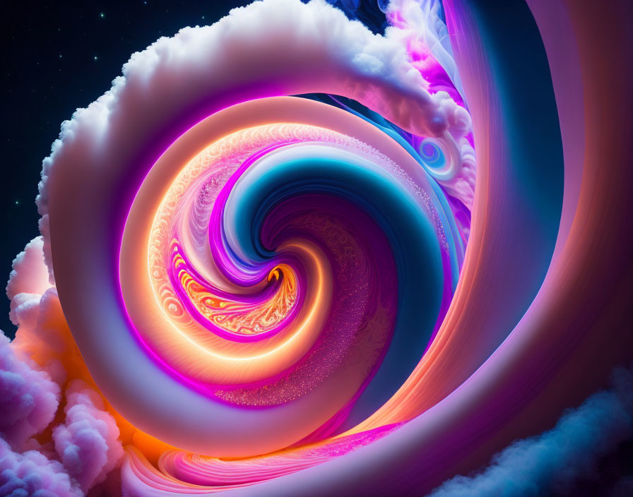 Colorful swirling vortex digital art with neon colors, clouds, and stars