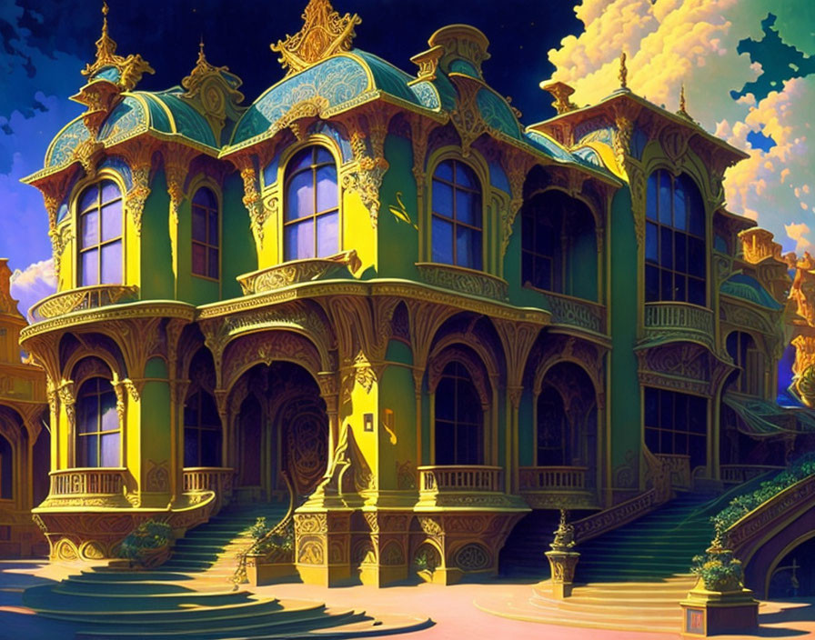 Luxurious golden mansion with blue trimmings and grand staircase at sunset