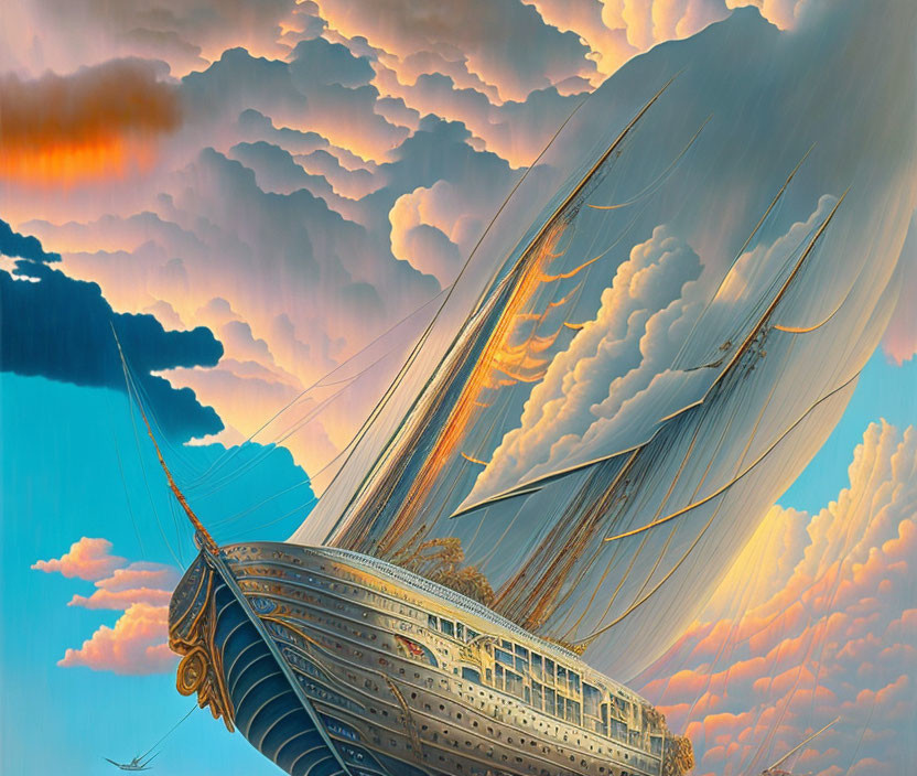 Majestic ship with billowing sails in surreal sunset sky