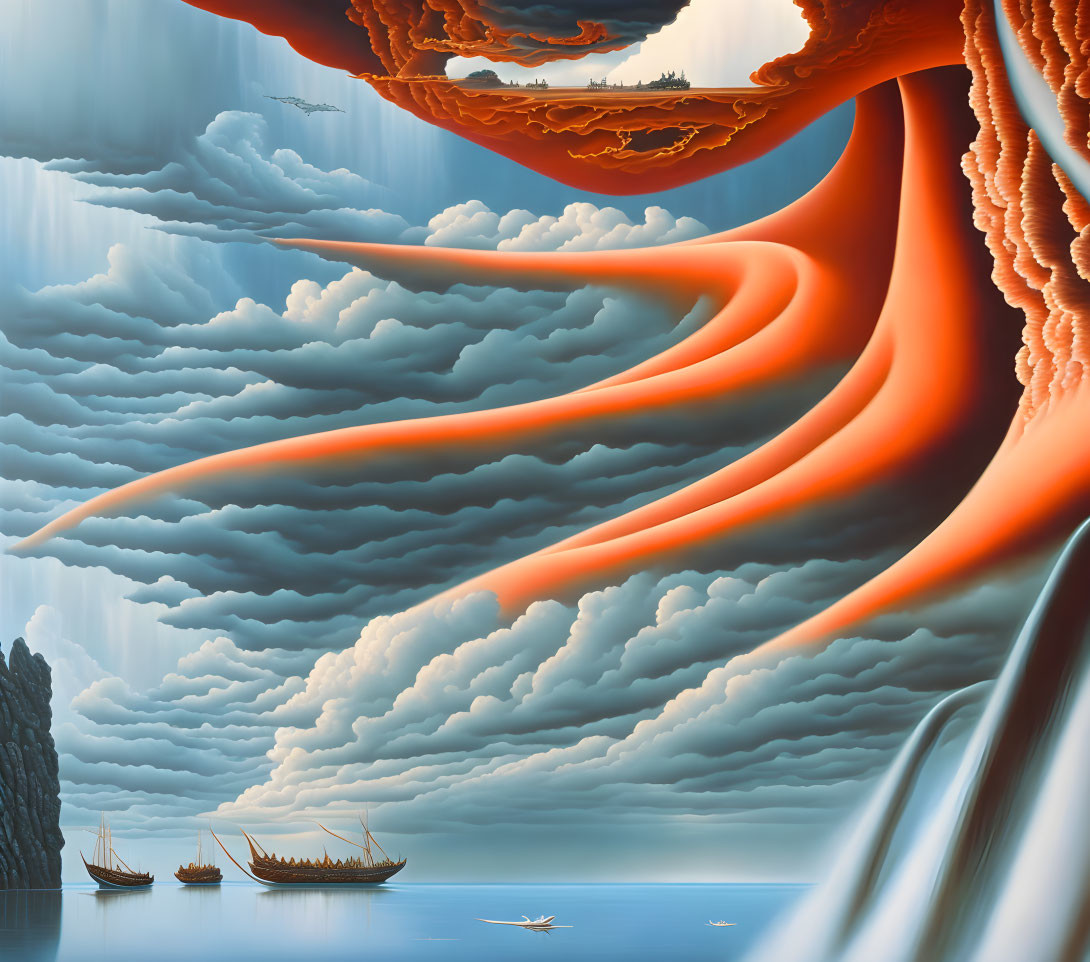 Surreal painting of river in sky merging with ocean and waterfalls