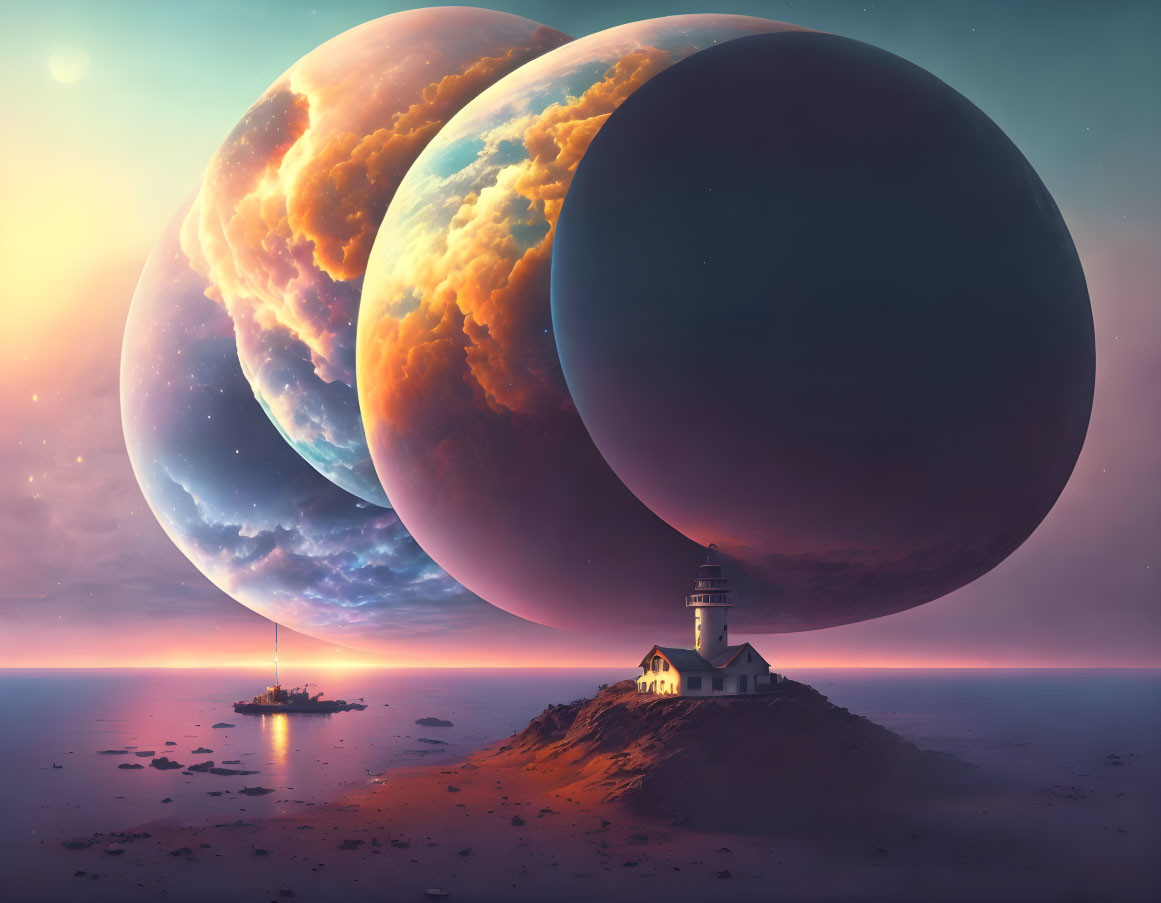 Surreal landscape with lighthouse, ship, and alien shore under large, orbiting exoplan