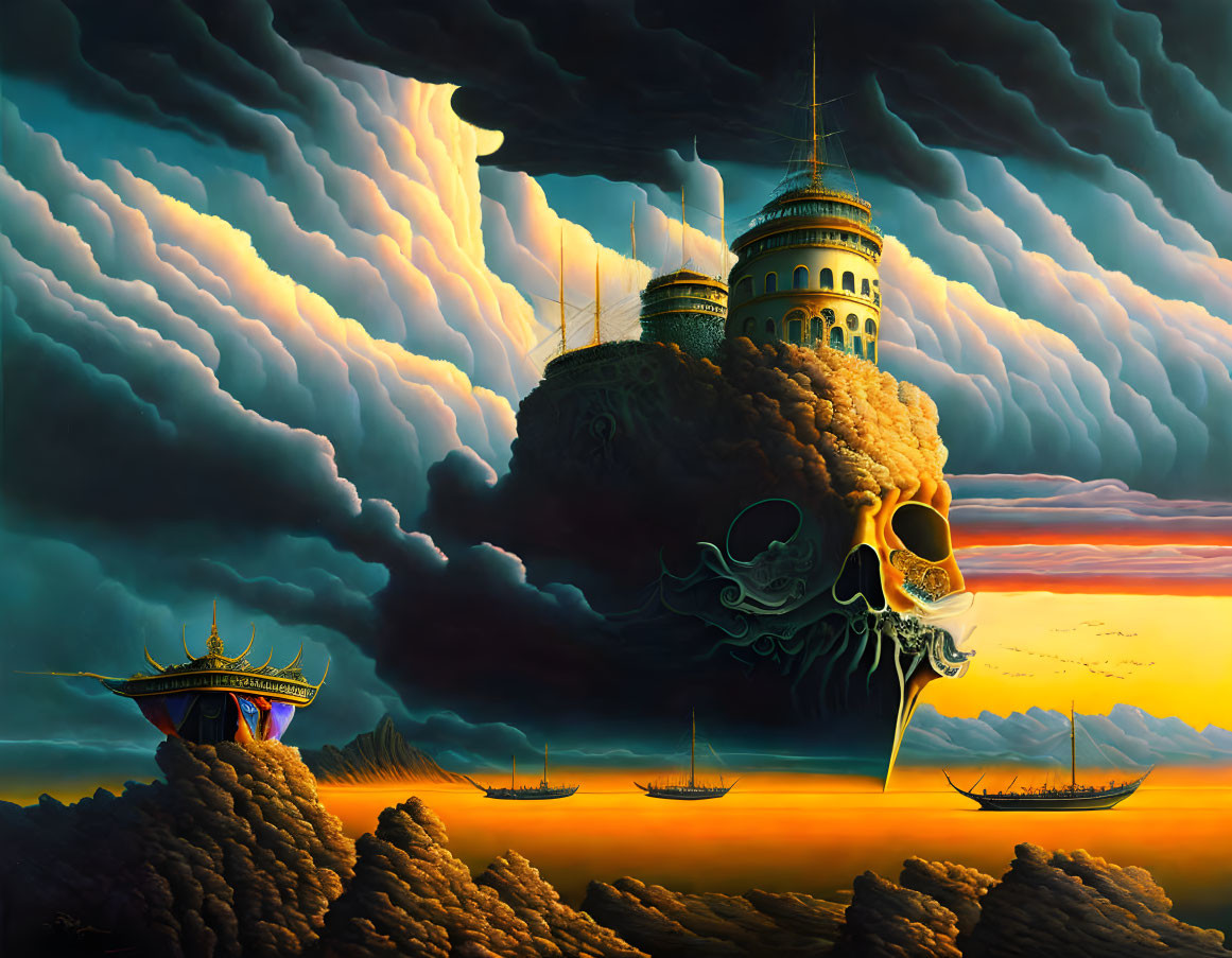 Surreal painting of castle on floating rock island with skull, dramatic sky, sea with boats