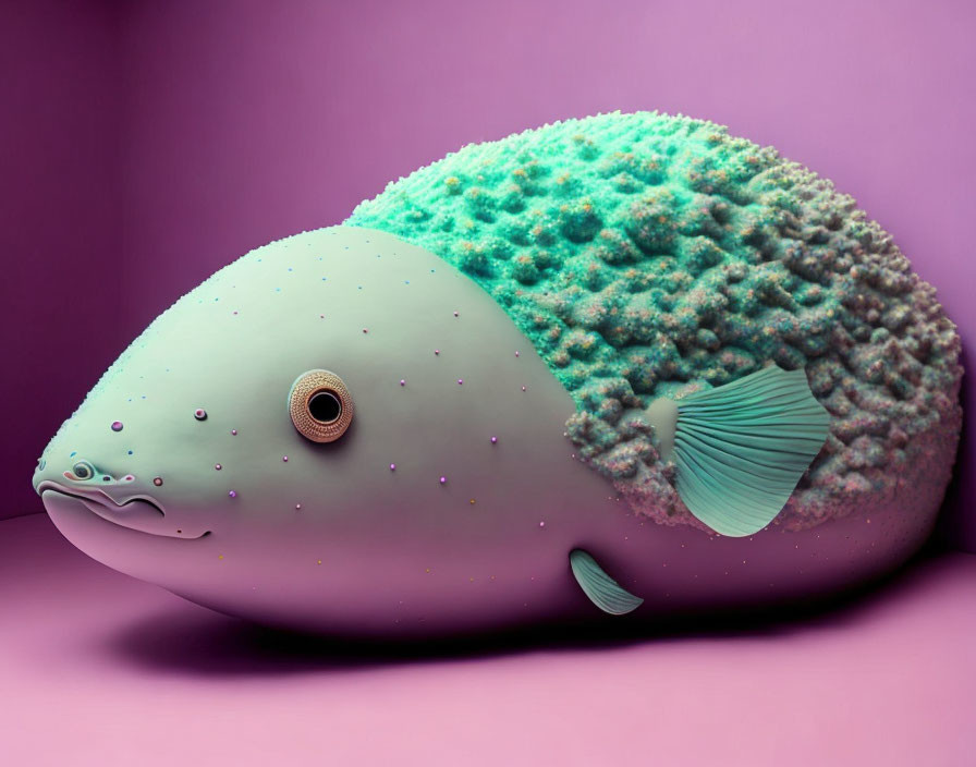 Colorful 3D fish illustration with textured body and single eye on purple background