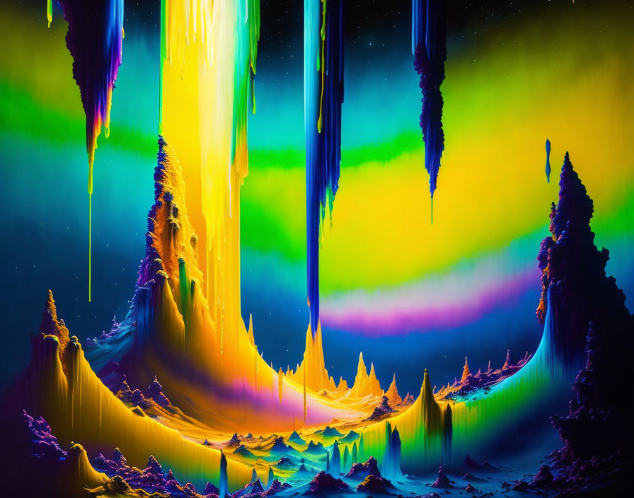 Vibrant digital artwork: Neon colors cascade in surreal landscape