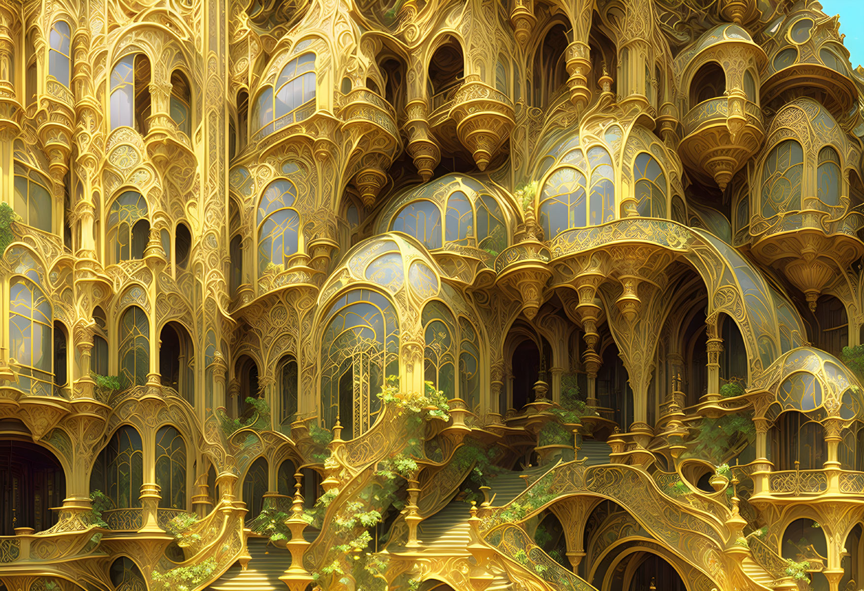 Golden fantasy palace with gothic arches and intricate filigree.