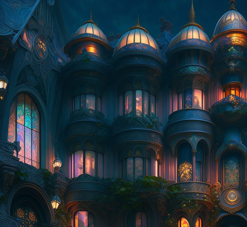 Enchanted twilight palace with ornate domes and illuminated windows