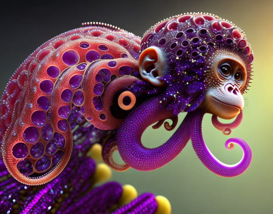 Surreal monkey-faced creature with octopus-like tentacles in vibrant colors