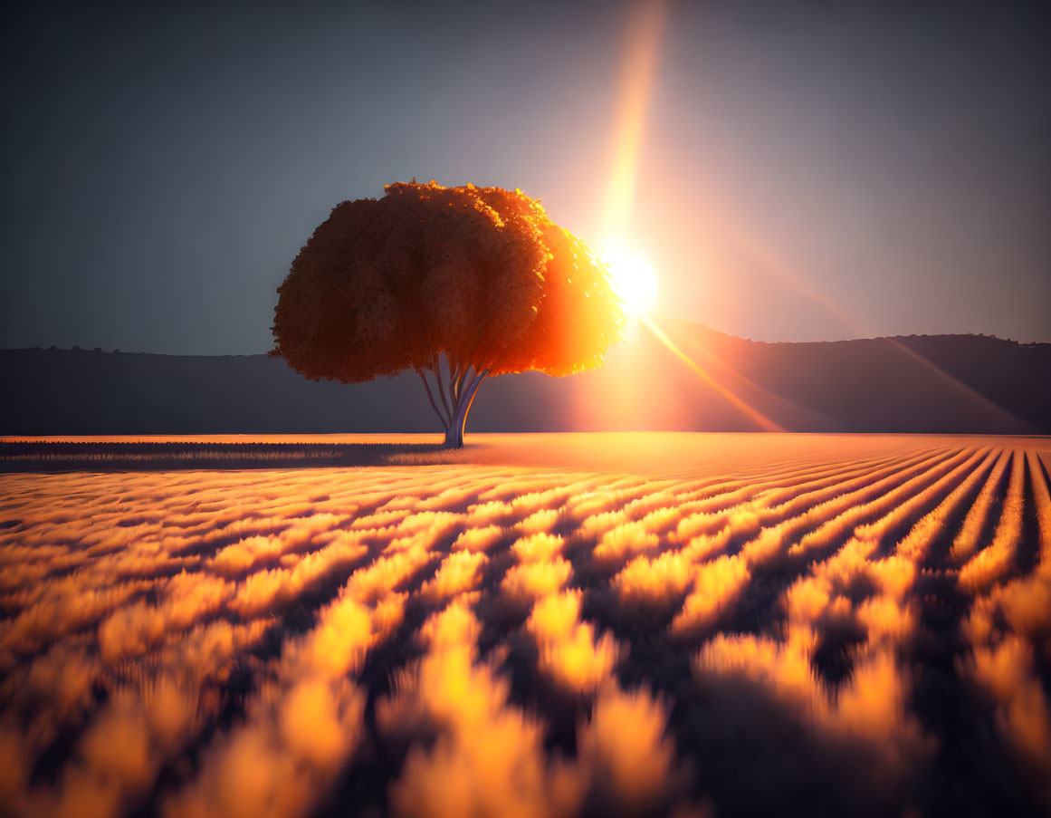 Sunrise scene: lone tree in field with sunbeams and long shadows