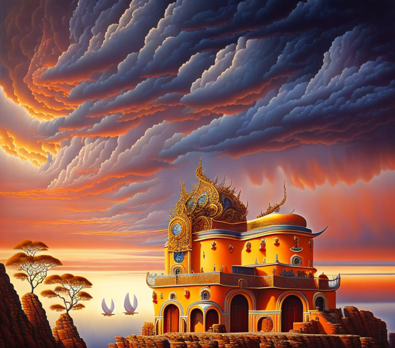 Ornate palace with dramatic sky, sparse trees, and tranquil sea.