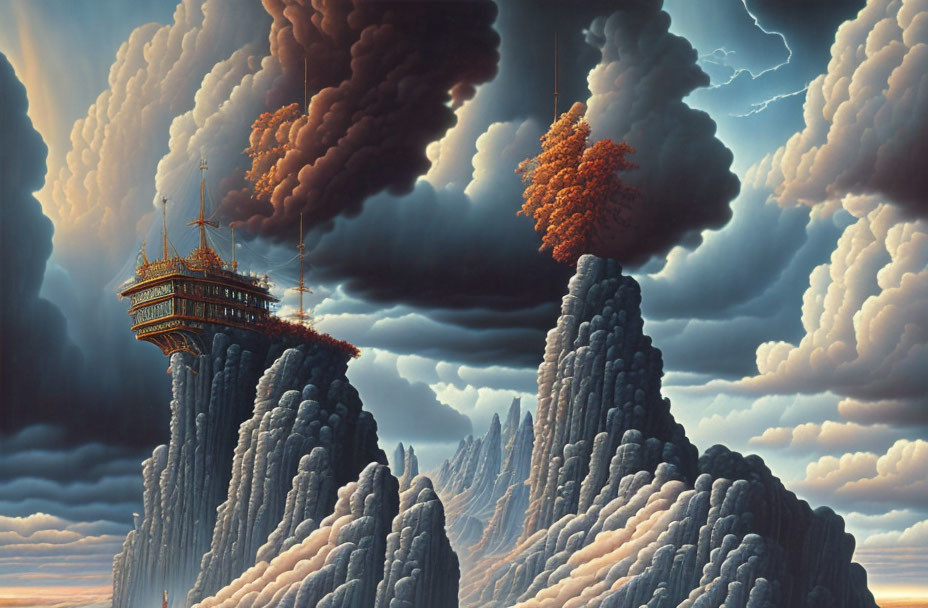 Fantastical landscape with towering cliffs, autumn tree, dark thunderclouds, and floating ship structure