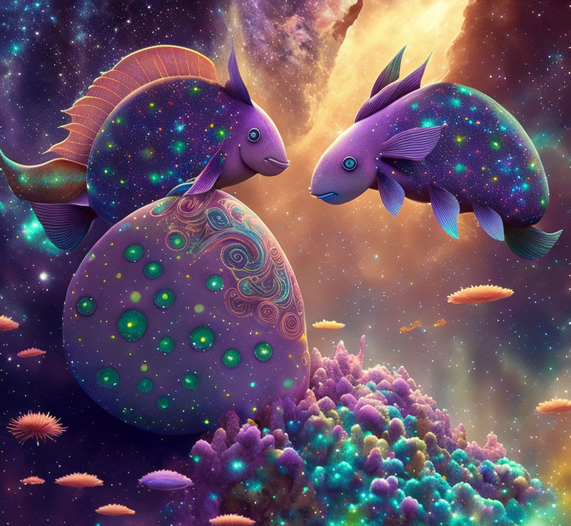 Colorful cosmic fish swimming near patterned planet and coral formations