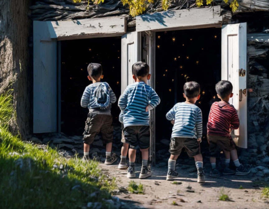 Four boys in striped shirts and shorts standing in front of open doorway with sparkling lights in rustic building