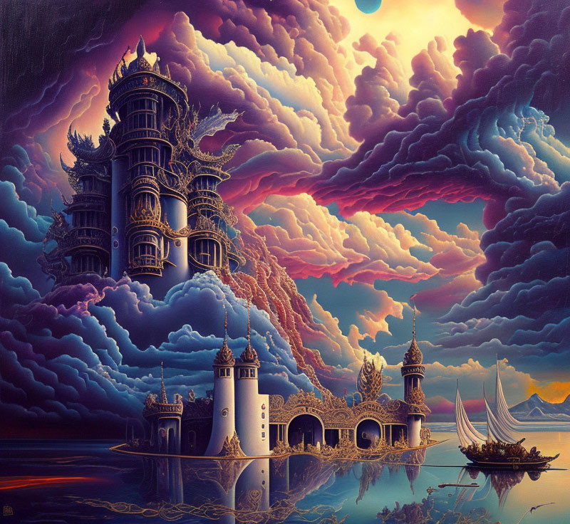 Fantastical painting of serene waterscape with towering structures and sailboat.