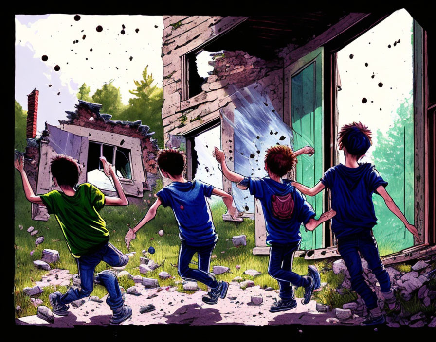 Children throwing stones at dilapidated building, shattering glass and debris