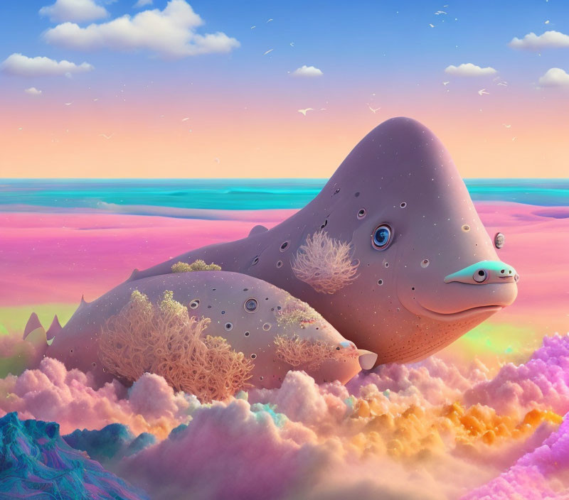 Smiling whale with moss and corals in pastel sunset sky