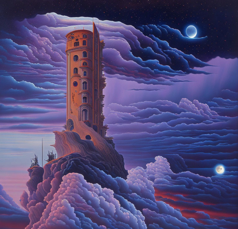 Surrealist painting of tall tower on rocky promontory under twilight sky