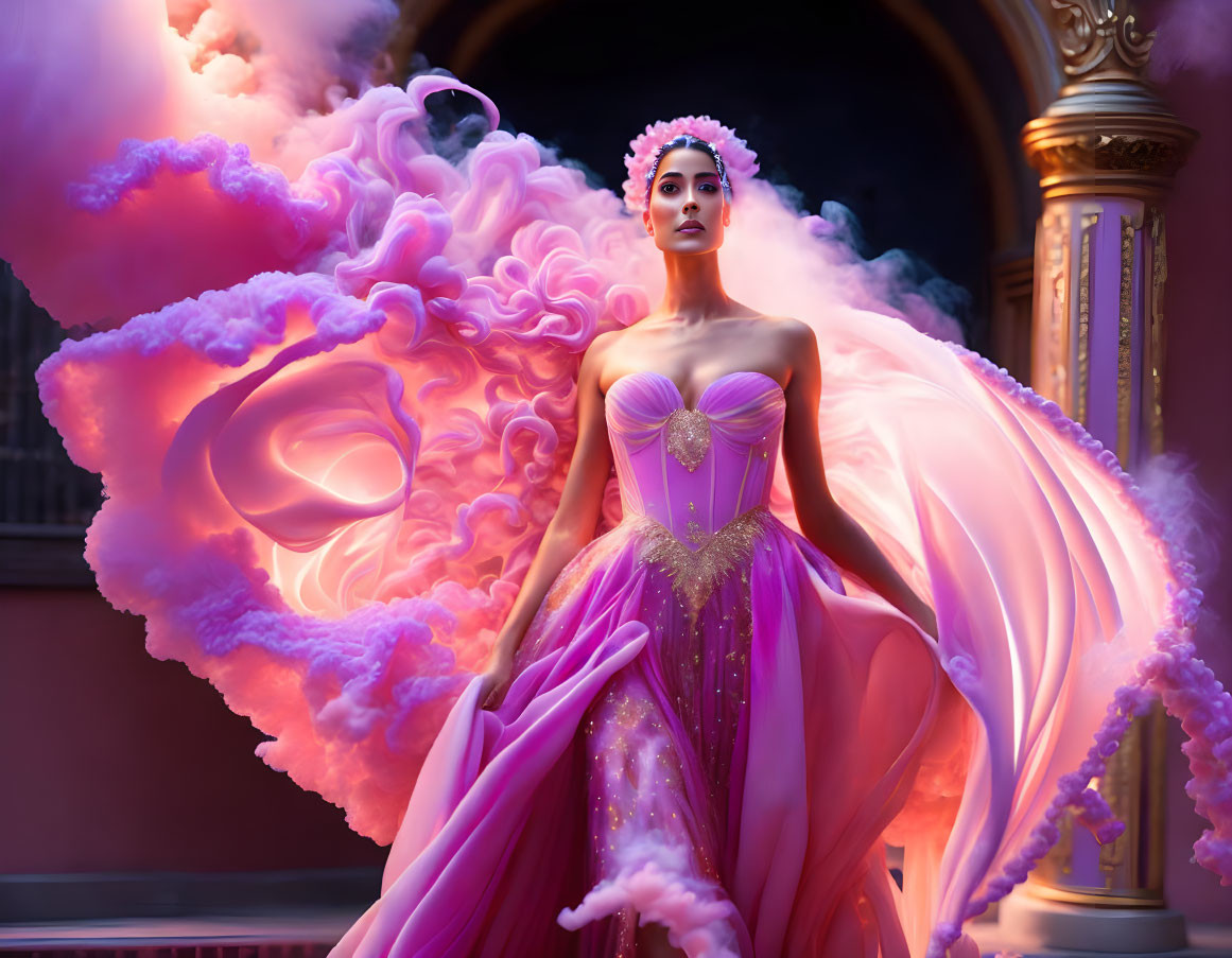 Woman in pink gown on balcony surrounded by ethereal pink clouds