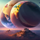 Surreal landscape with lighthouse, ship, and alien shore under large, orbiting exoplan