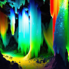 Vibrant illuminated stalactites in a colorful cave scene