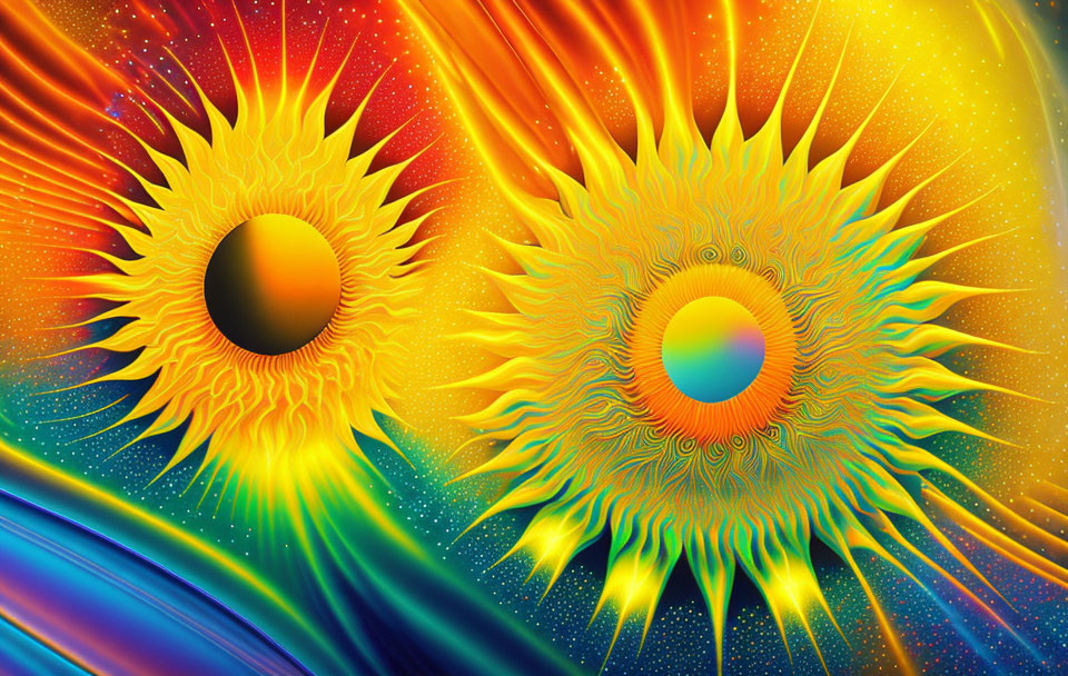 Colorful Digital Artwork: Two Stylized Suns on Vibrant Background