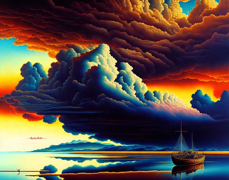 Vibrant painting of tranquil sea with boat under dramatic sky