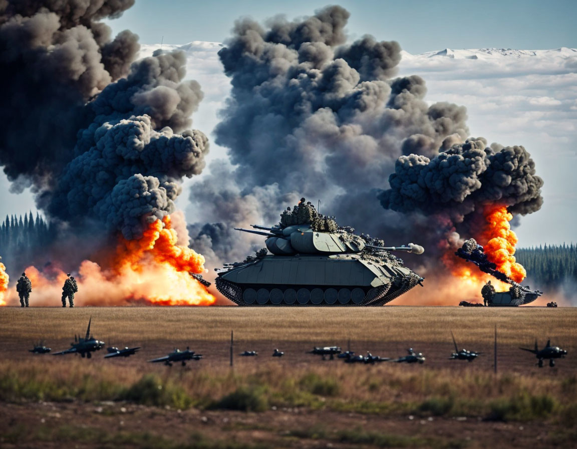 Tank with soldiers amidst fiery blasts and smoke against cloudy sky.