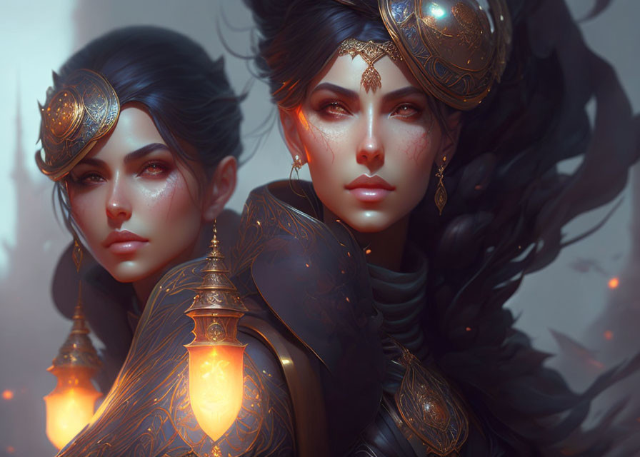 Fantasy female warriors in elaborate gold headdresses and dark armor against misty backdrop