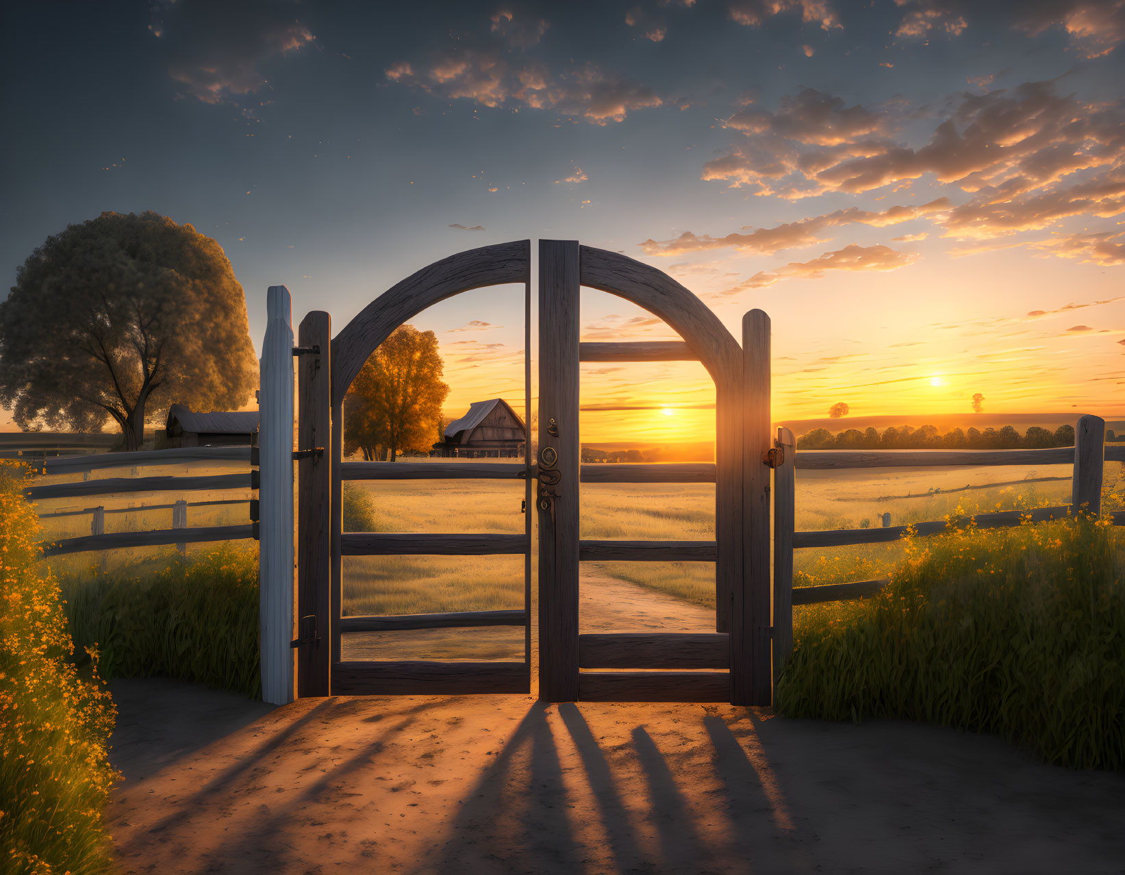 Rural landscape with wooden gate, farmhouse, trees, and sunset sky