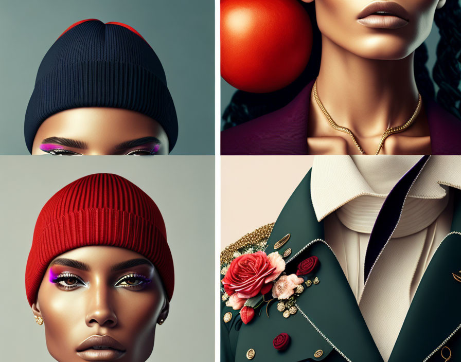 Close-up images: Woman with vibrant makeup, stylish hats, elegant accessories.