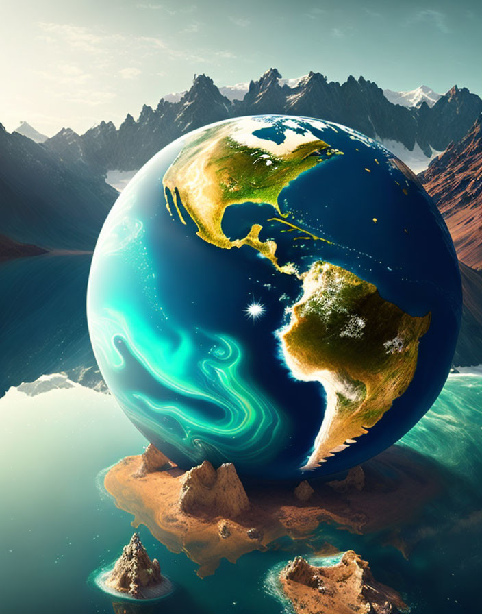 Surreal image of exaggerated Earth orb against mountain backdrop