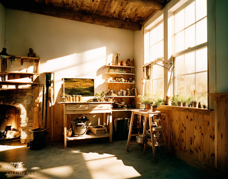 Sunlit pottery studio with fireplace, workbench, tools, and nature view