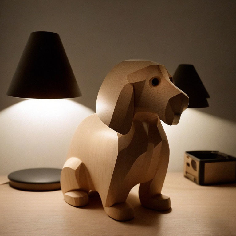 Wooden Dog Figurine on Desk with Warm Illumination from Table Lamps