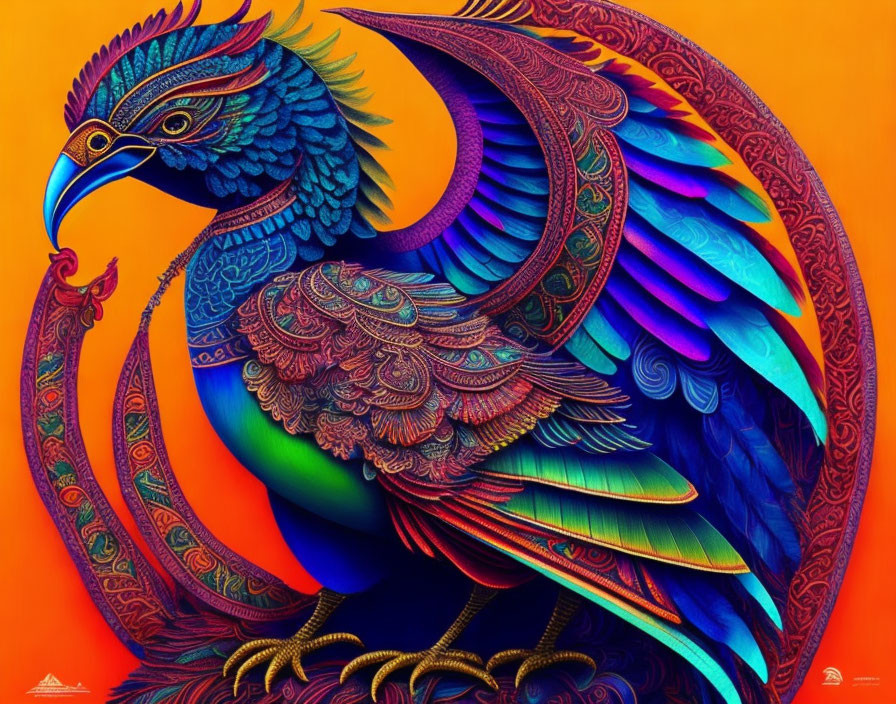 Colorful Stylized Bird Illustration on Orange Gradient Background