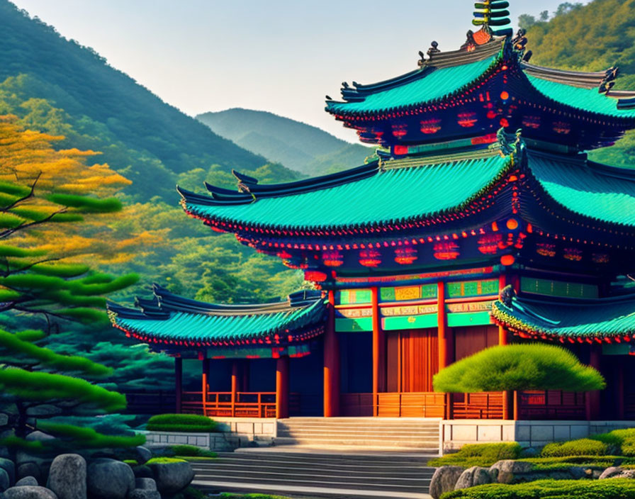 East Asian Temple with Curved Roofs in Mountain Setting