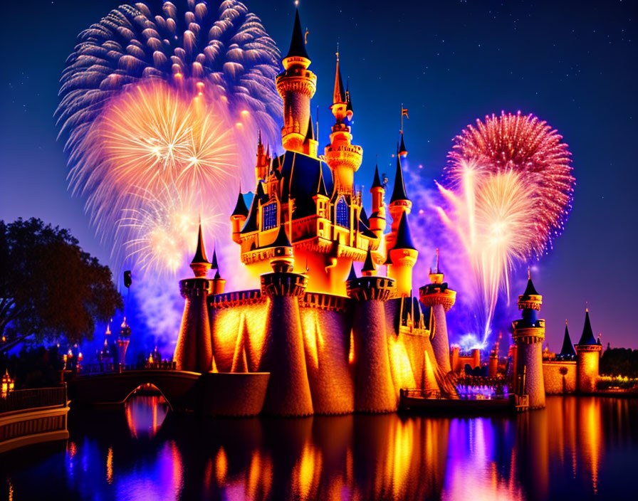 Colorful firework display behind fairytale castle at night