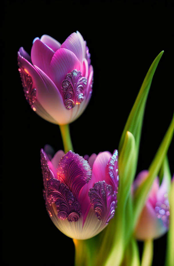 Vibrant pink and white tulips with detailed patterns on dark background