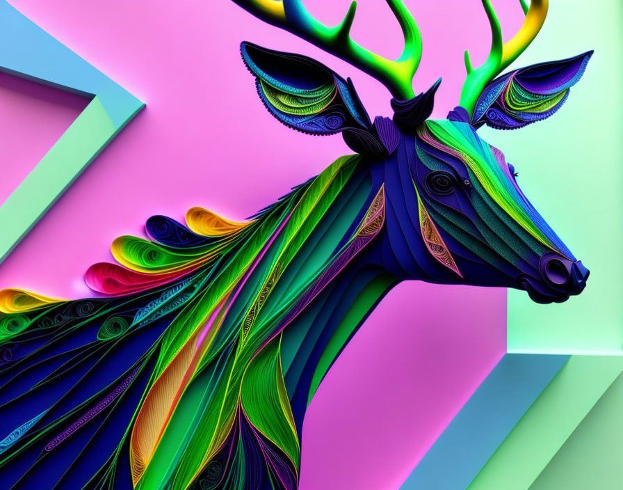 Vibrant digital artwork of stylized deer with neon green antlers