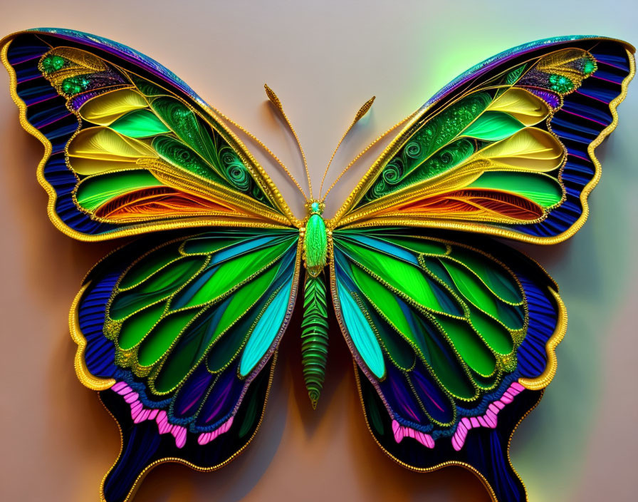 Colorful Butterfly Artwork with Metallic Sheen on Gradient Background