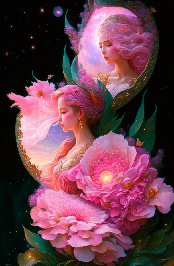 Artwork of two ethereal women with flowing hair among pink flowers and cosmic stars