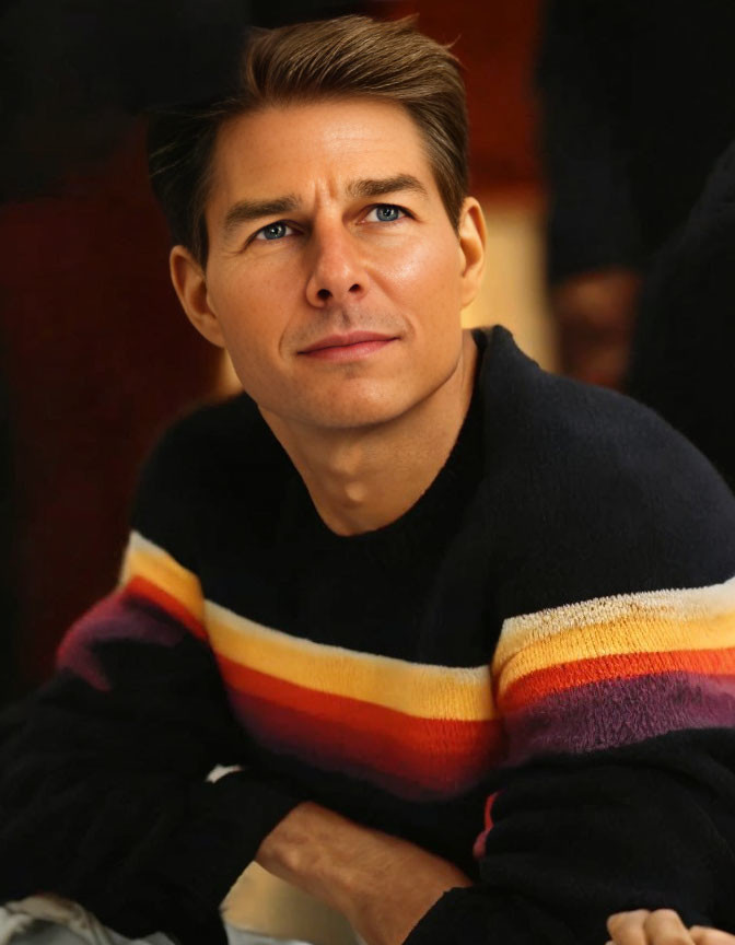 Man with neat hair in striped sweater in contemplative mood against blurred background